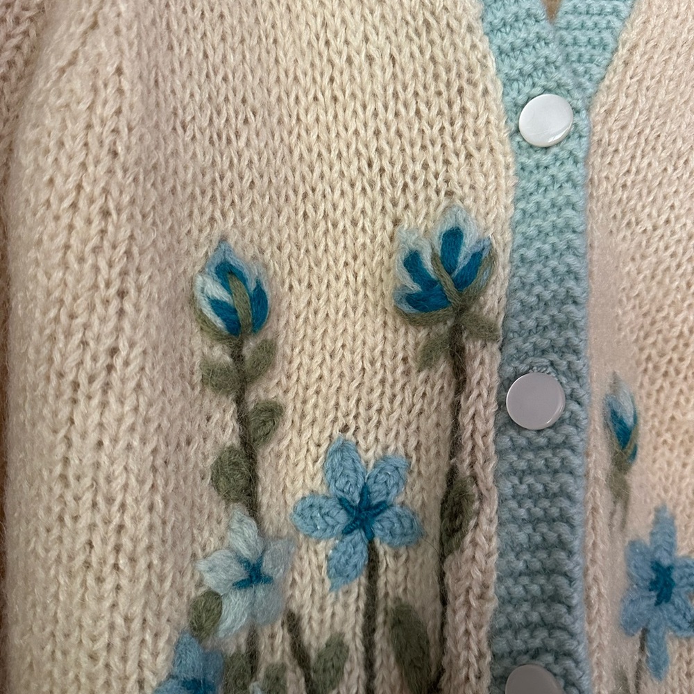 Floral Knit Cardigan Sweater - Cream and Blue